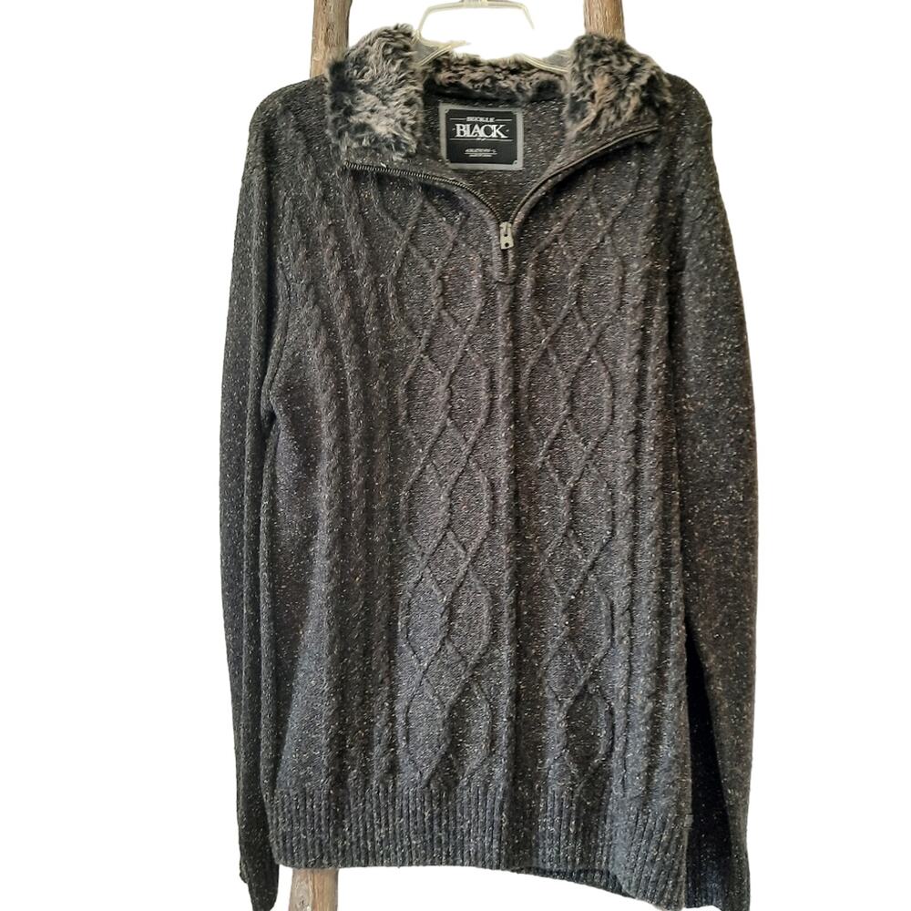Buckle BLACK No. 48 quarter zip sweater cable knit men's sweater faux fur trim